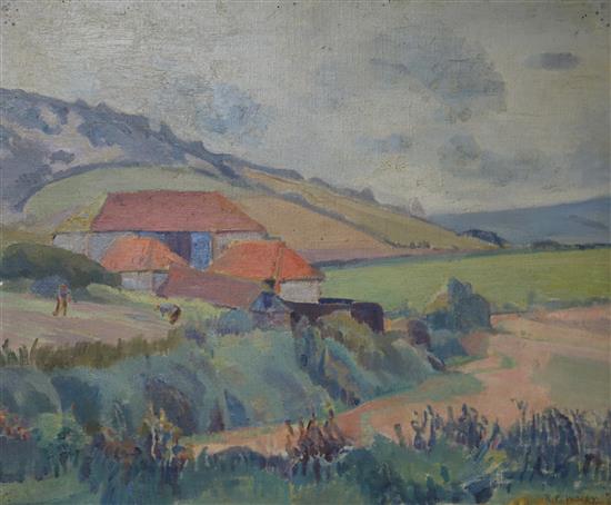 Rhoda F. Waley, oil on canvas, Barns, West Sussex, signed, 35 x 43cm.